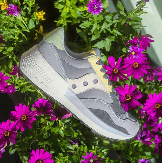 A grey Jazz NXT shoe on a plant.