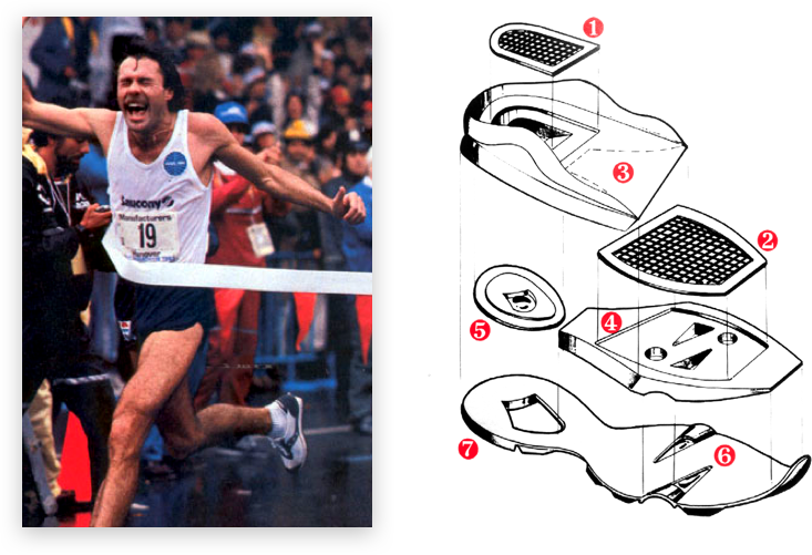 Rod Dixon crossing the finish line and a drawn daiagram of a shoe