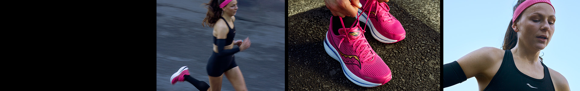 Black background with images of people wearing Saucony Endorphin Speed 3 shoes.