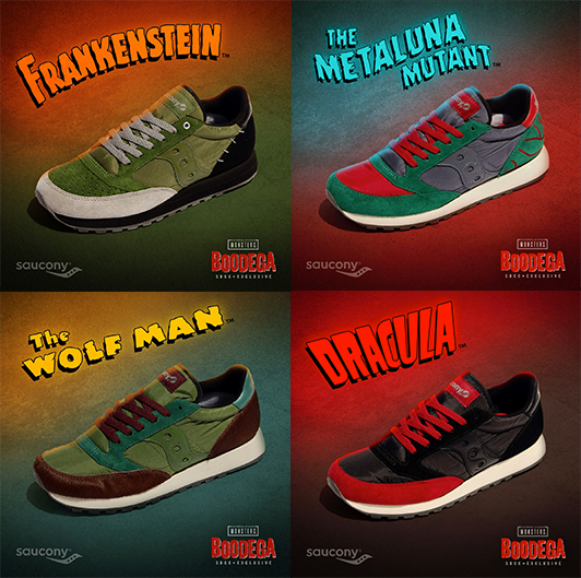 Universal Monsters Jazz shoes with their monsters next to them