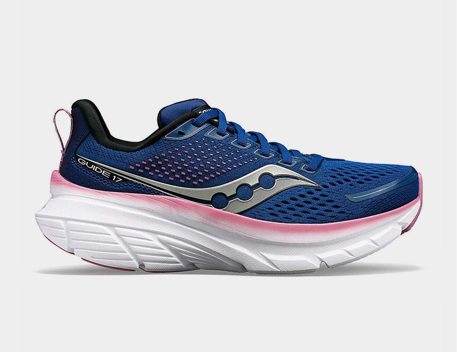 A blue and pink Guide 17 running shoe.