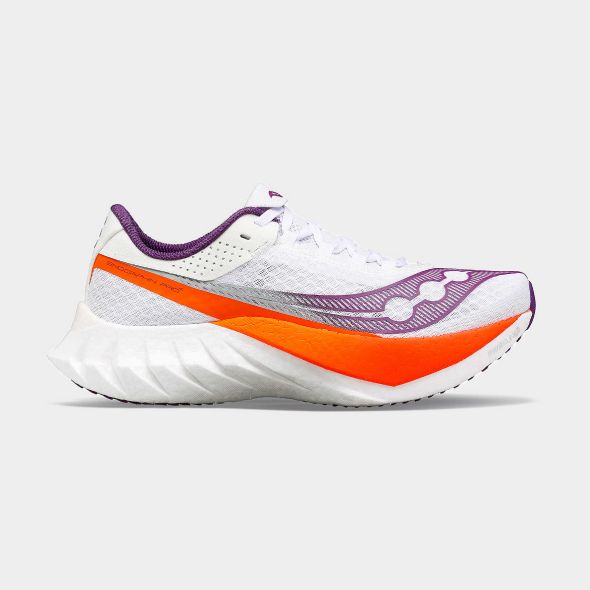 an orange and white running shoe