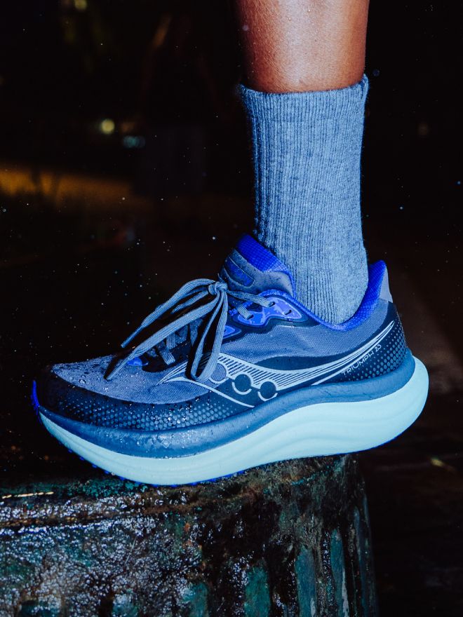 Close up of a black and blue trainer