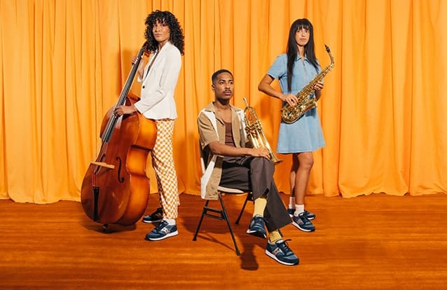 A band posing with their instruments and Suacony Jazz shoes.