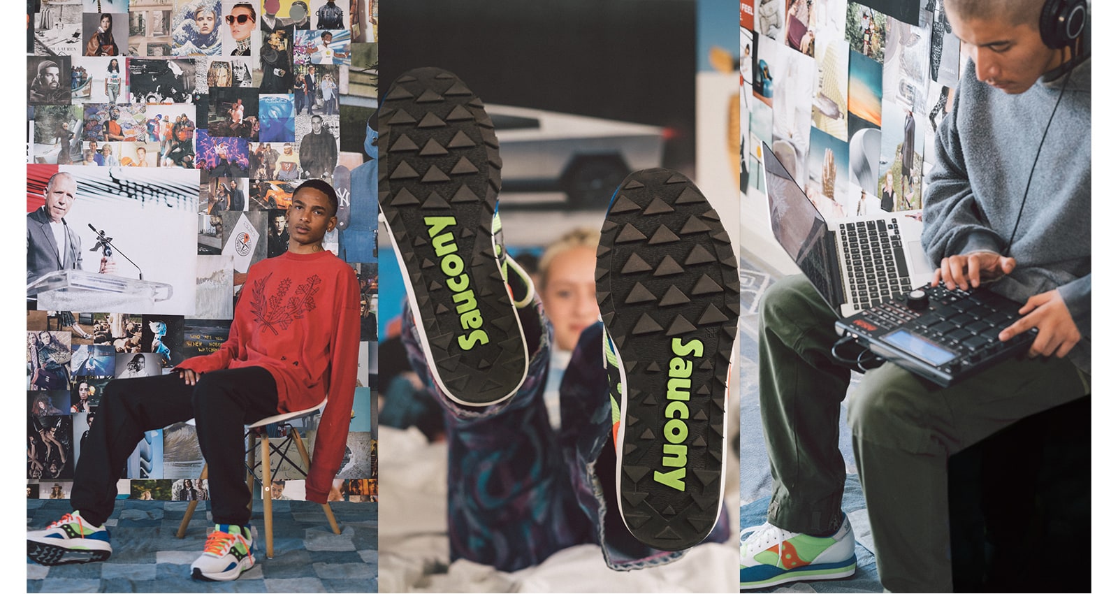 3 images of people wearing the Saucony Abstract Jazz shoes.