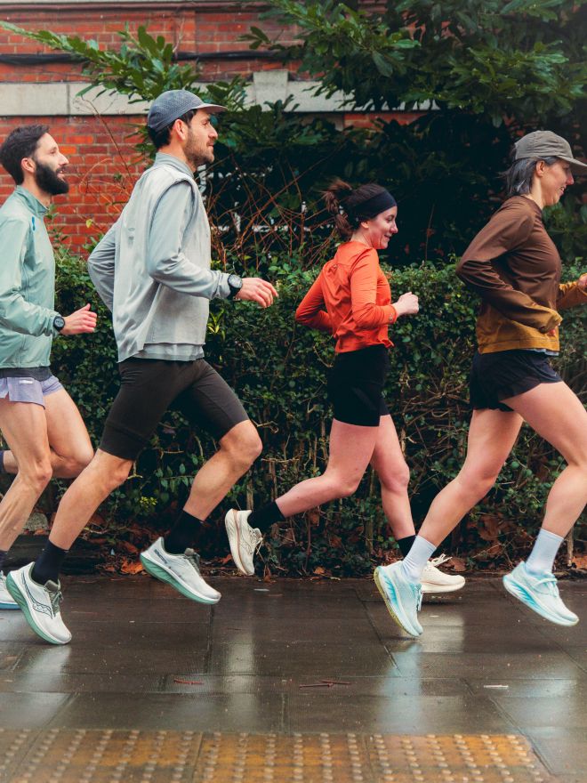 a group of people running
