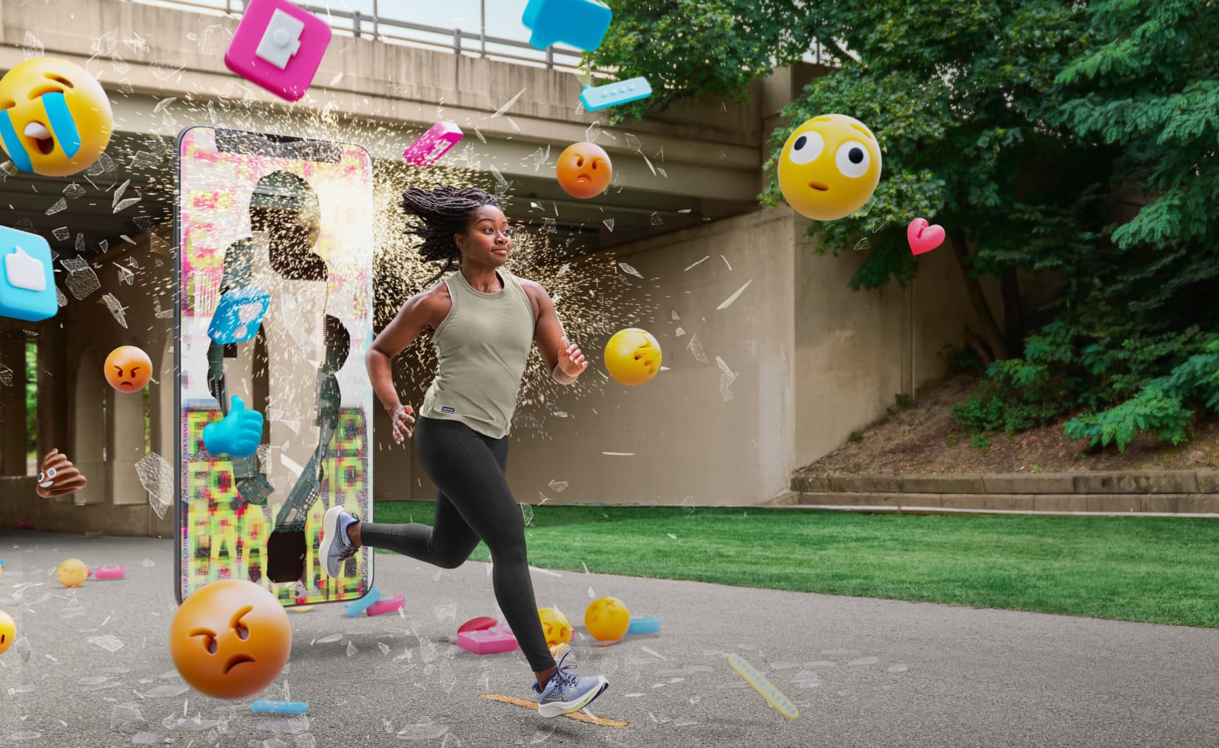 header image of lady running smiling with emojis all around her