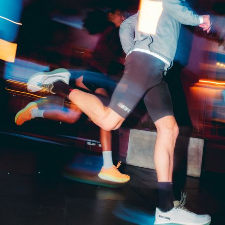 a group of people running