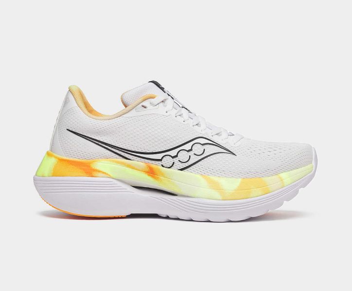 a white shoe with yellow and orange design