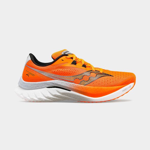 an orange and white running shoe