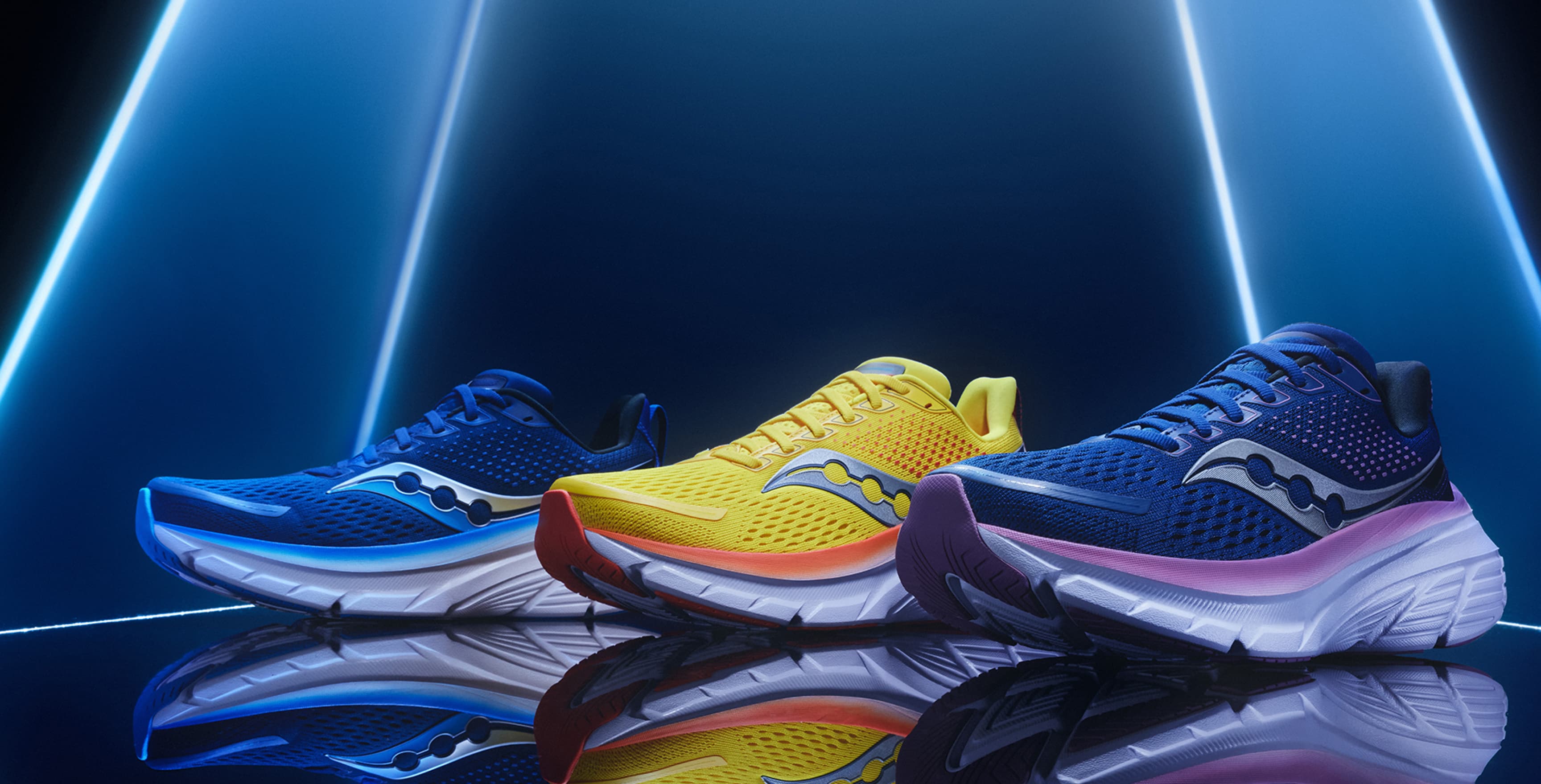a group of colorful running shoes