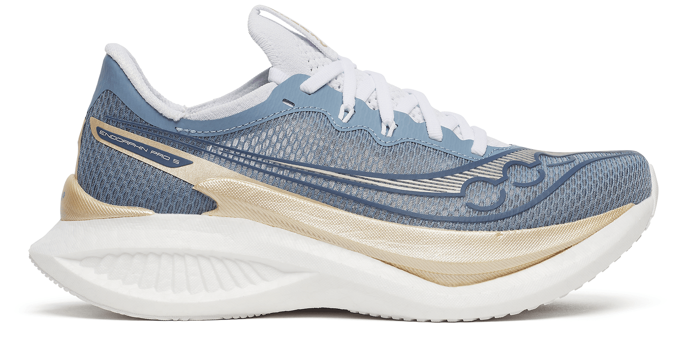 Saucony Endorphin Pro 5 running shoe in blue and gold.