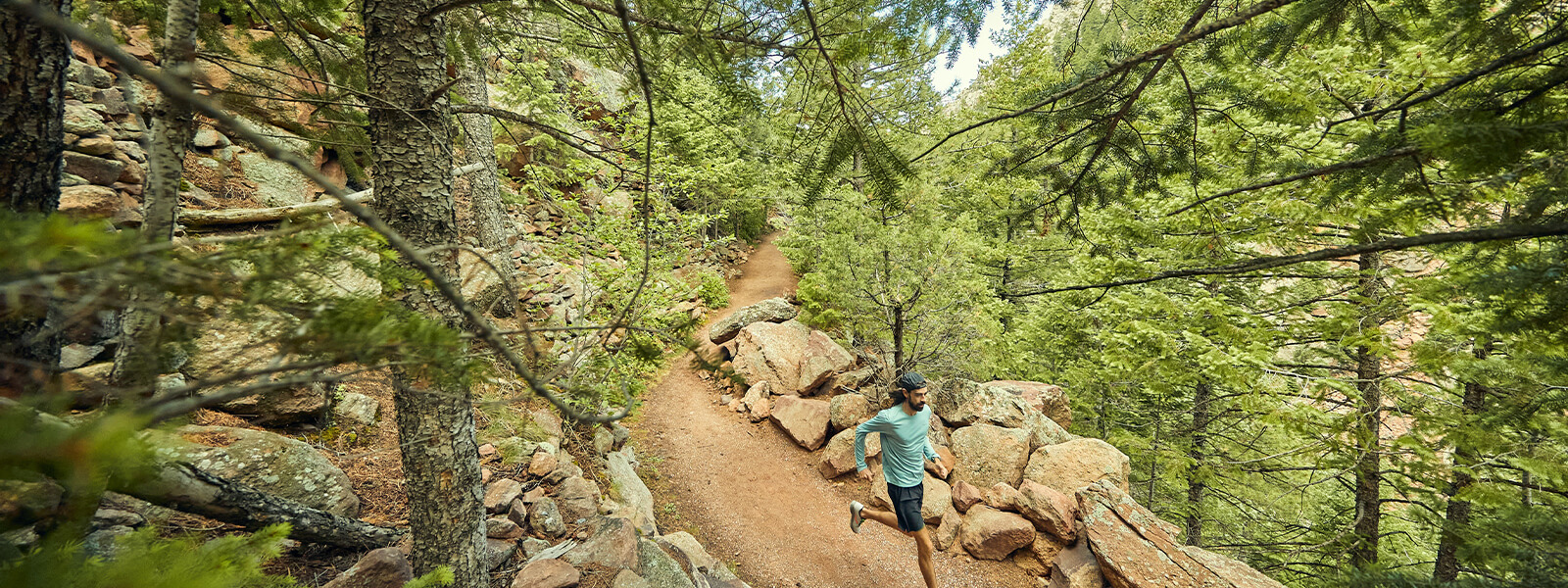 Runner hits a hairpin curve while coming down a dirt trail between trees on the side of a grassy mountain.
