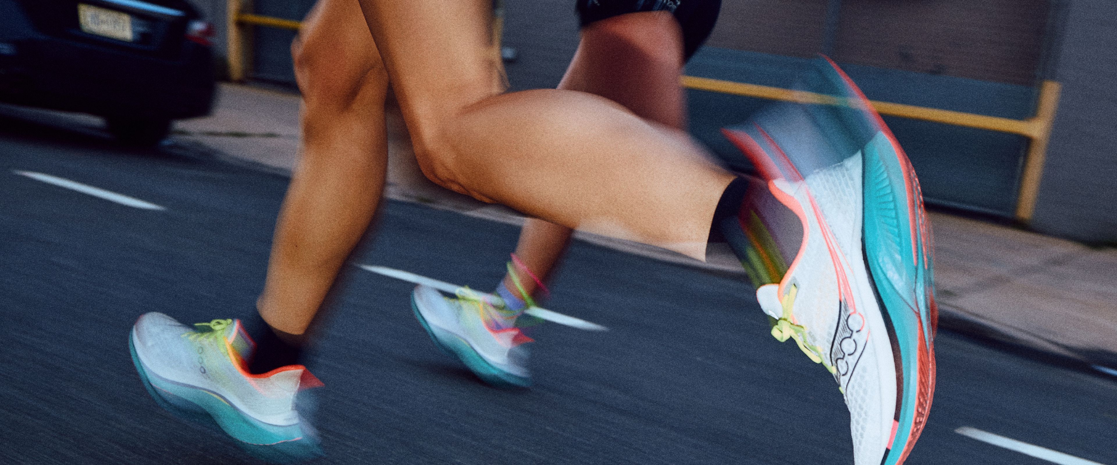 Closeup of Saucony shoes.