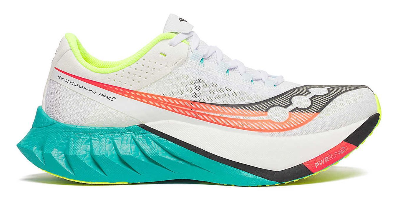 A white Saucony shoe with bright accents.