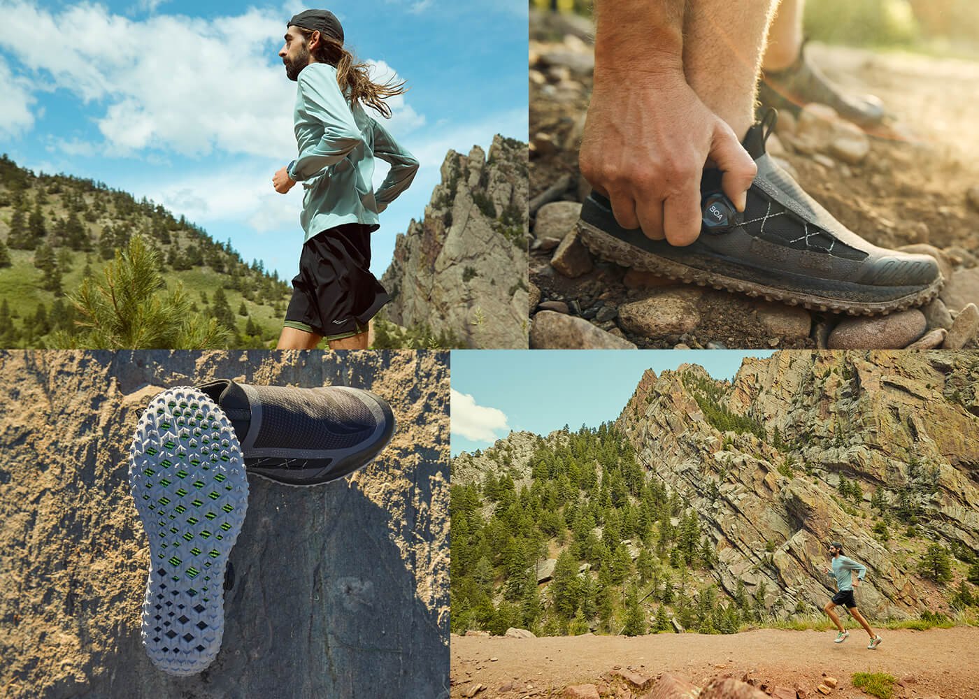 Collage of runners and shoes in nature.