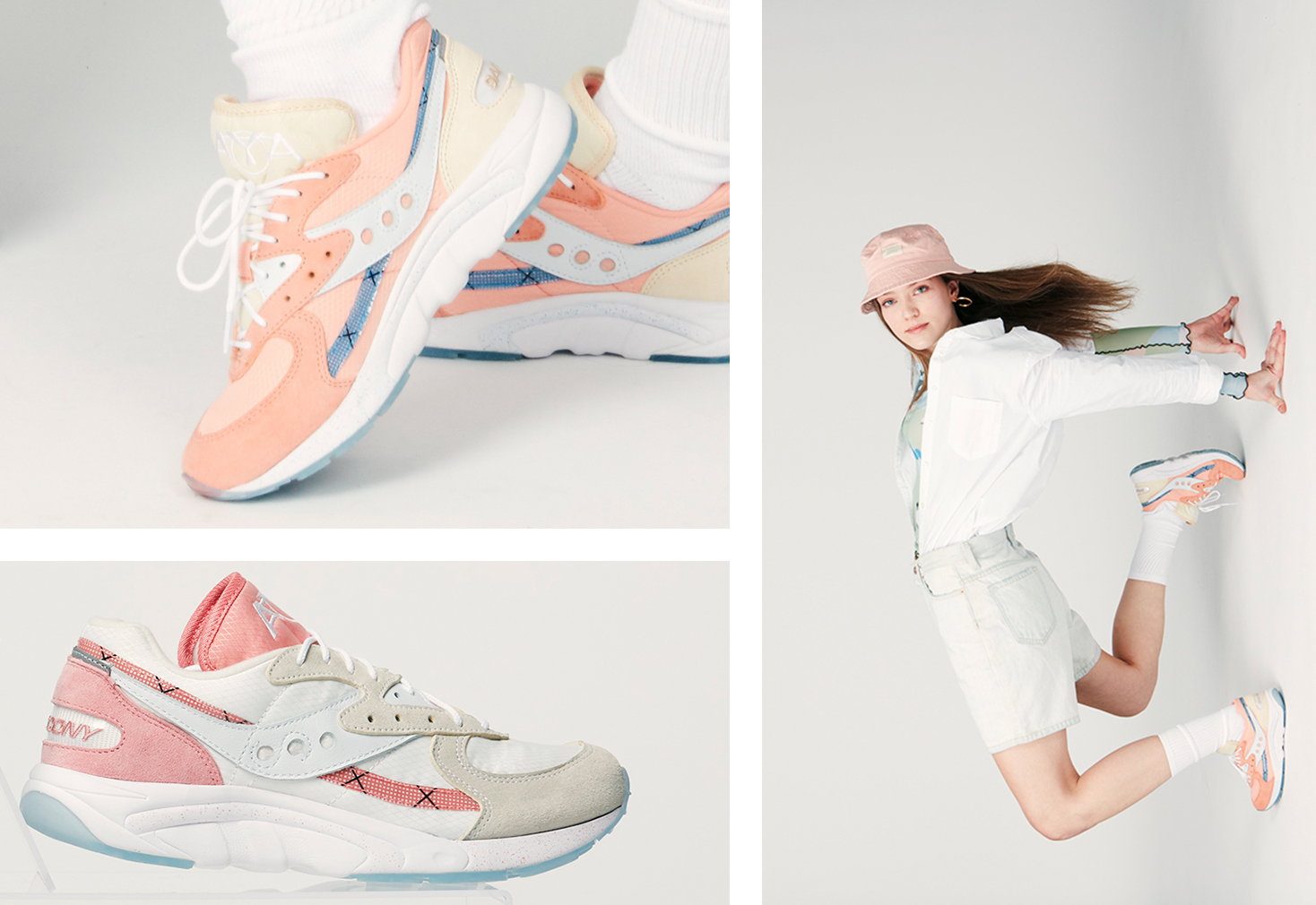 Collage of AYA Peaches + Cream Saucony Originals.