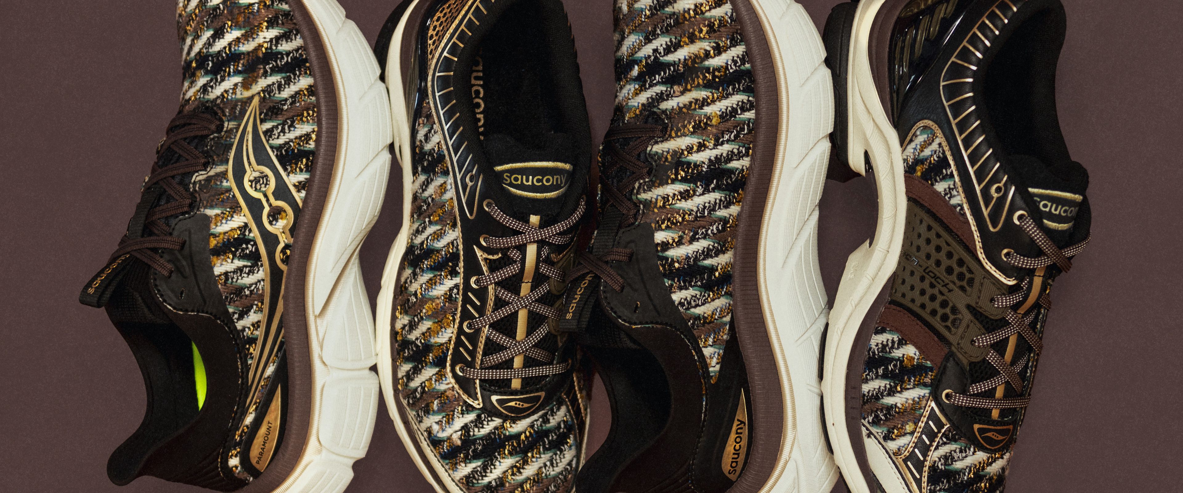 Saucony Sweater Weather collection shoes in knit earth-tone fabric with black and gold details.