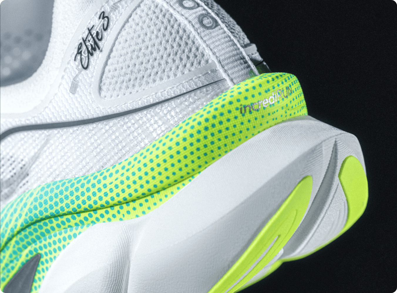 A closeup of Saucony Elite running shoes