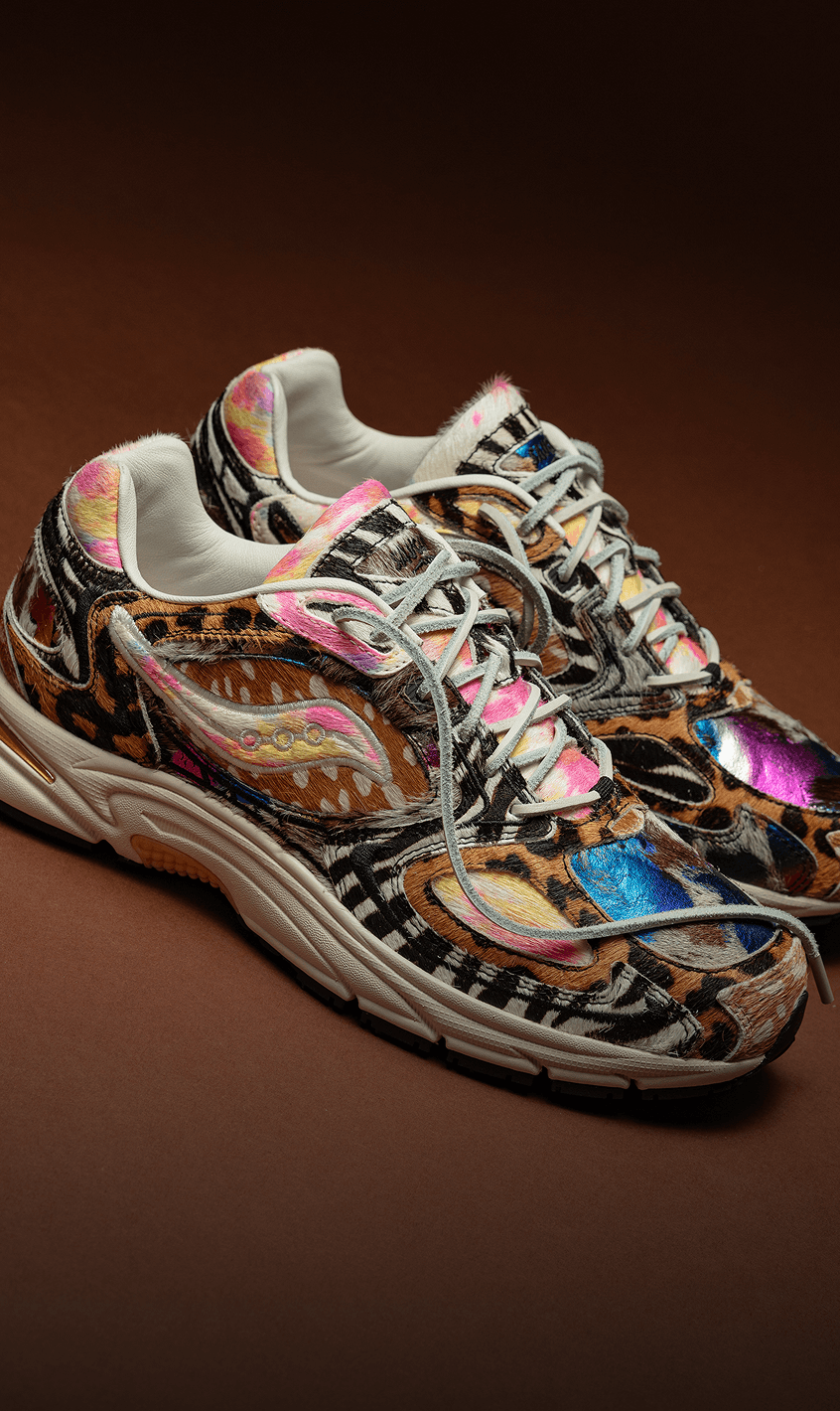 Westside Gunn x Saucony Grid Jazz 9 “Awesome God” shoe in a multi-tone faux fur and leopard-print upper.