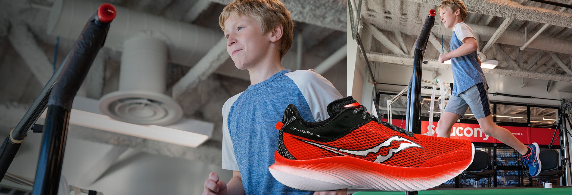 a boy looking at a red and black shoe