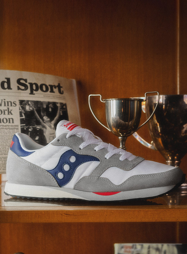 DXN shoe on a shelf along with trophies.