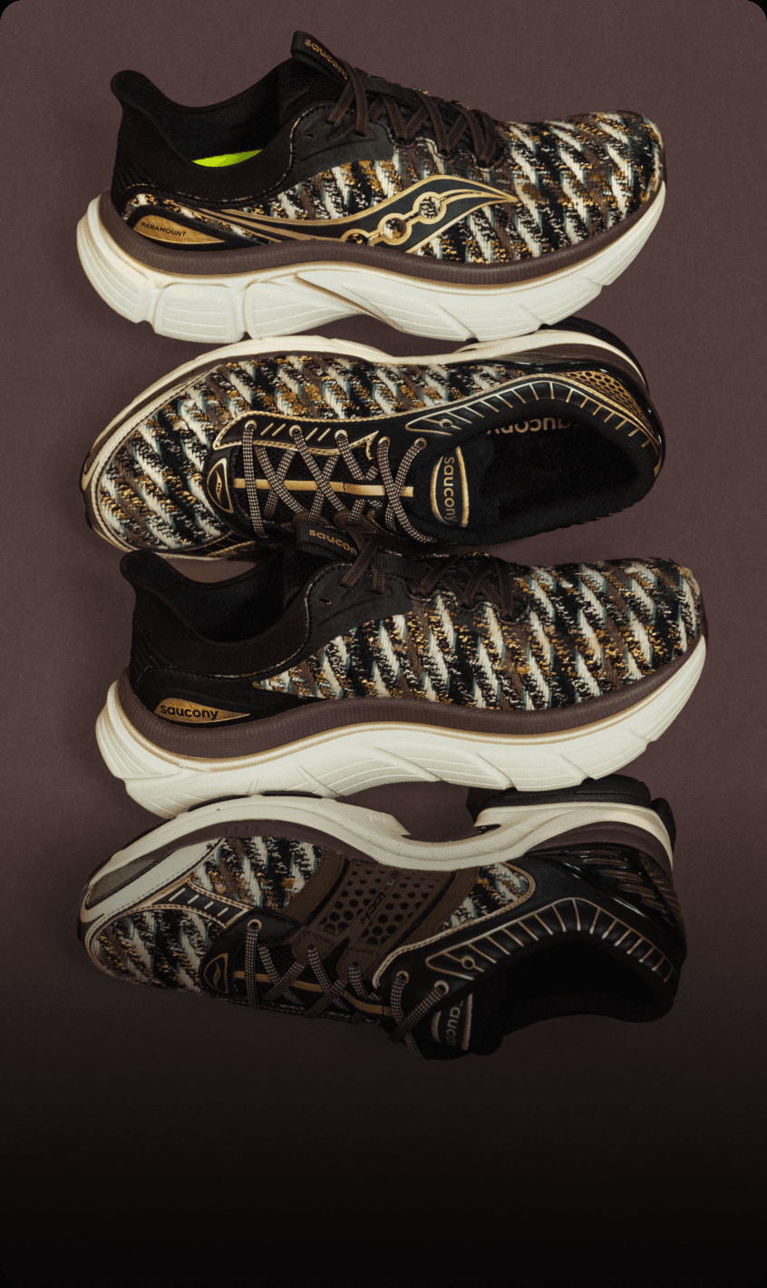 Saucony Sweater Weather collection shoes in knit earth-tone fabric with black and gold details.