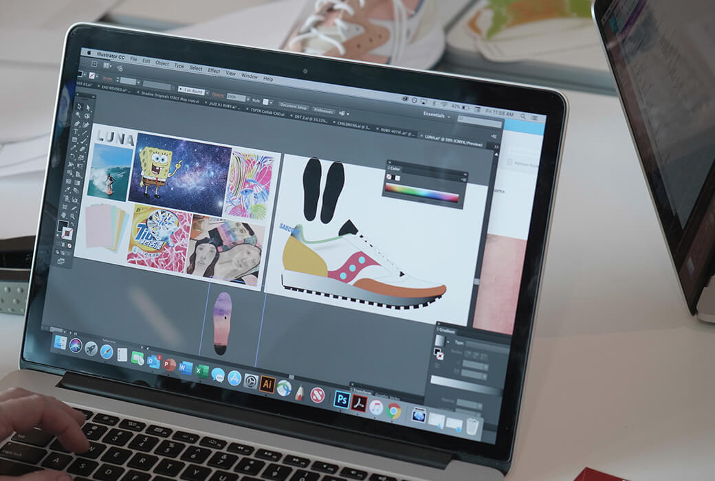 Adobe Illustrator session on a Mac showing a mood board and a shoe being designed.