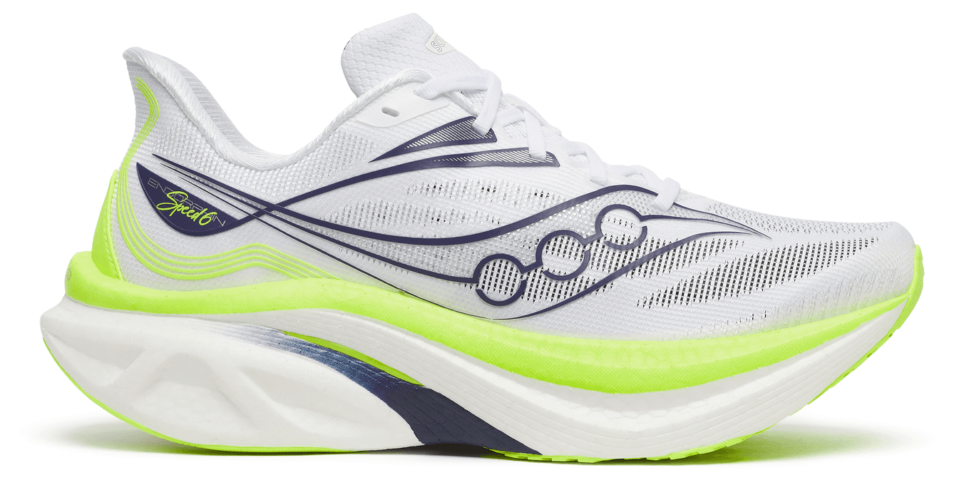 Side profile of the Saucony Endorphin Speed 6 in white, navy and neon green.