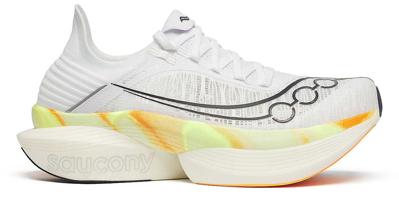 A white Saucony running shoe with orange accents.
