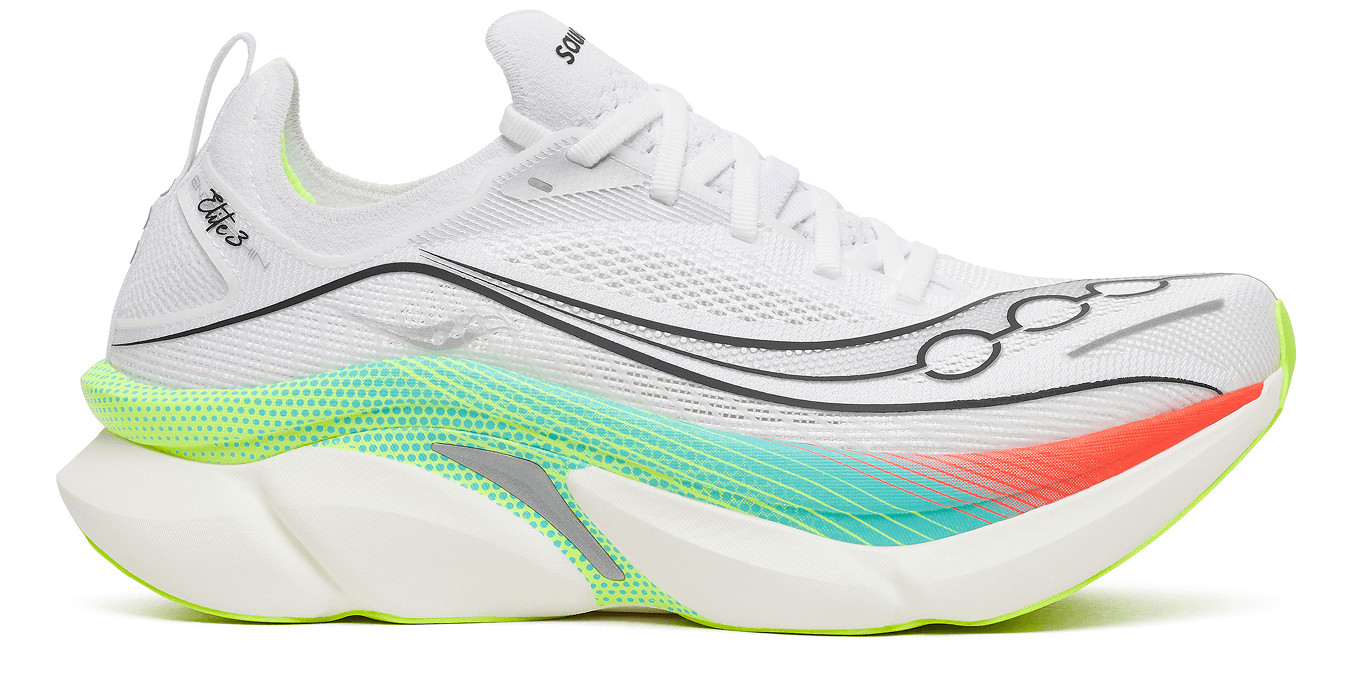 Saucony Endorphin Elite 3 running shoe in white with neon accents.