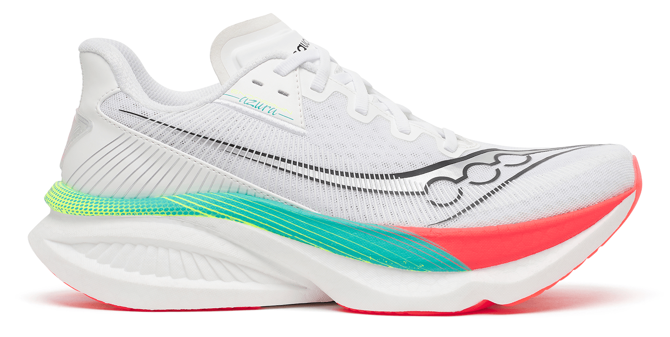 Saucony Endorphin Azura running shoe in white with teal and coral accents.