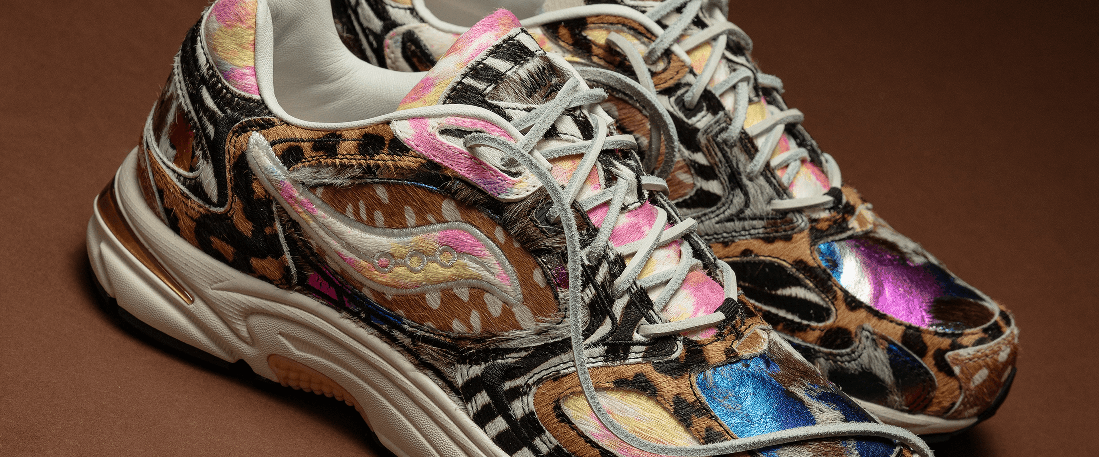 Westside Gunn x Saucony Grid Jazz 9 "Awesome God" shoe in a multi-tone faux fur and leopard-print upper.