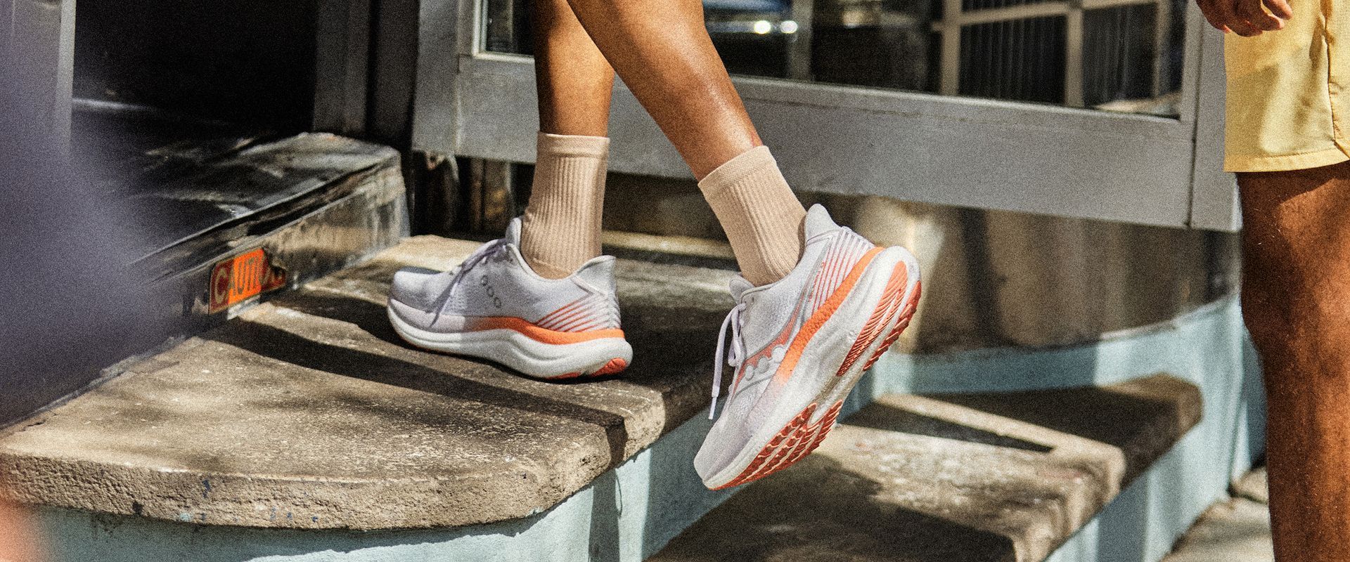 Closeup of a Saucony shoe